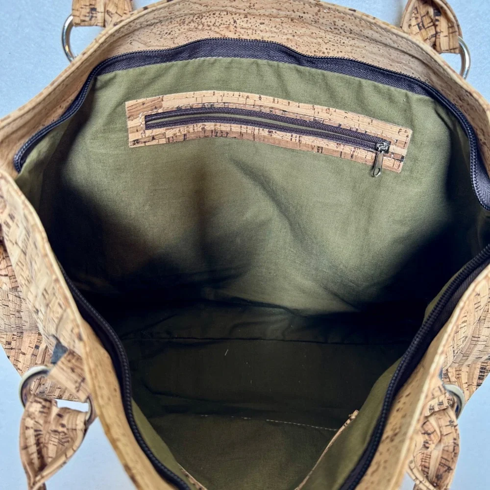 Cork Natural Sustainable Wood Grain Striped Tote Bag Tan Brown Olive Lining